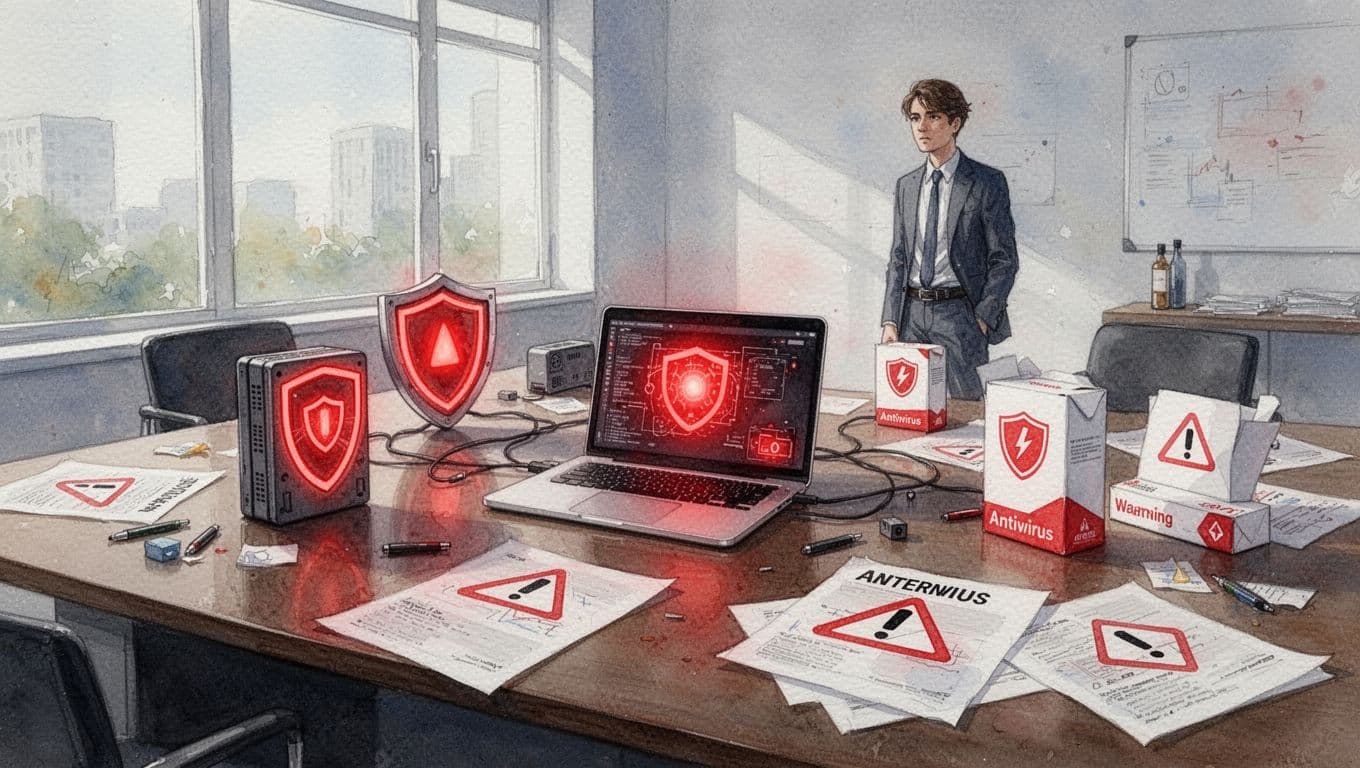 Cluttered executive desk with laptops showing red alerts, firewall shields, antivirus boxes, ignored warnings; one person in background views screen, watercolor style.