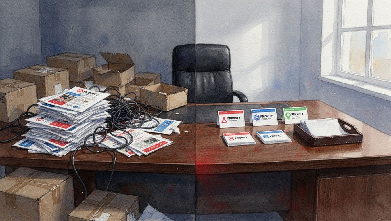 Watercolor executive desk splits into cluttered side with brochures, cables, boxes and organized side with priorities list, dim to bright light.