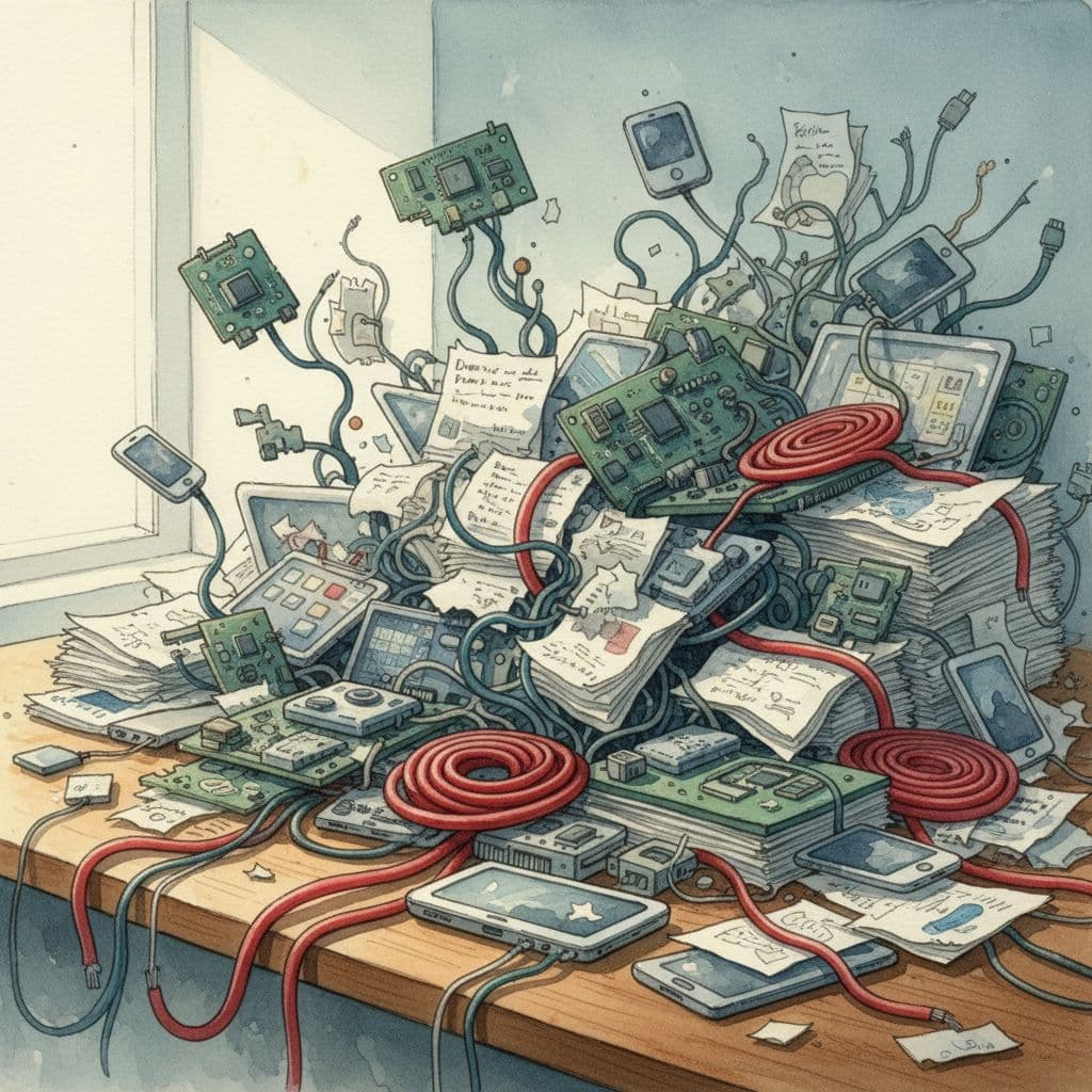 Watercolor illustration of messy desk with disconnected devices, tangled cables, and scattered papers.