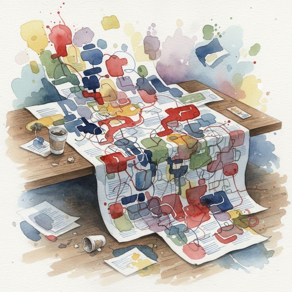 Watercolor document on desk showing confusing tech roadmap with excessive overlapping items.