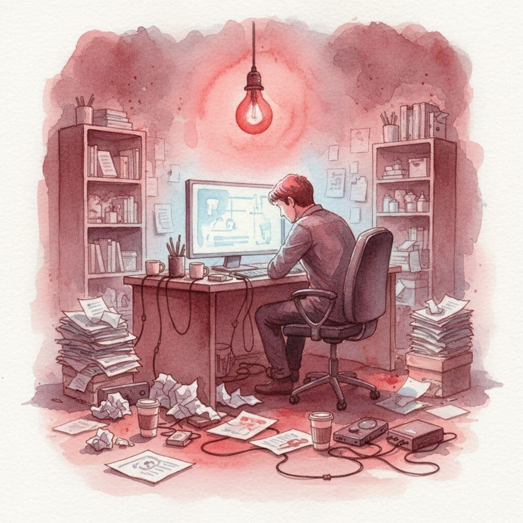 Person sits at cluttered desk under glowing red bulb, staring at blurry monitor in watercolor style.