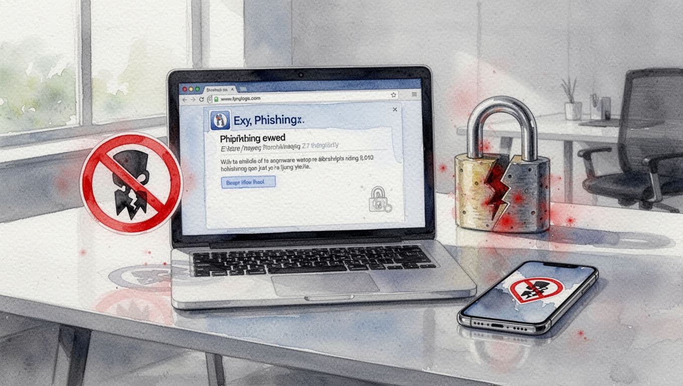 Watercolor illustration of phishing email on laptop, ransomware icon, broken padlock, and lost smartphone on modern office desk.