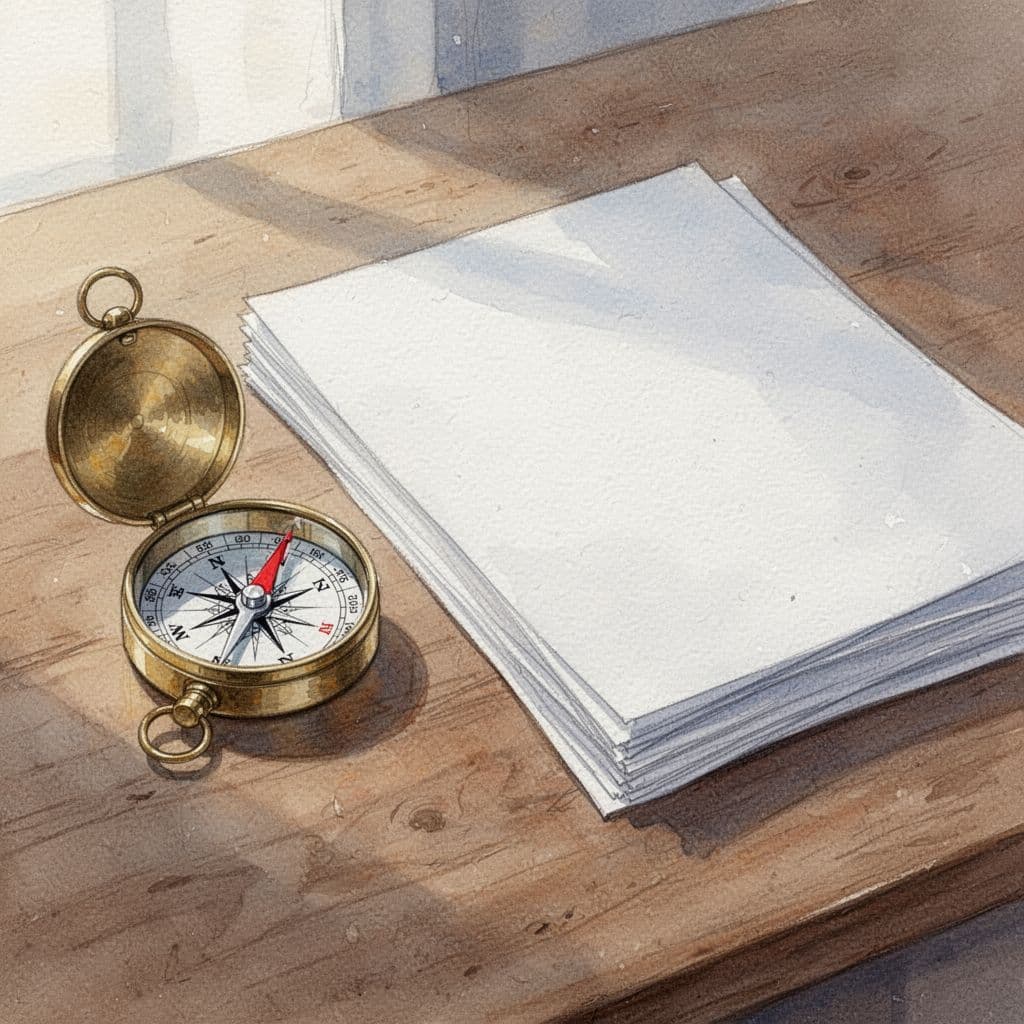 A brass compass rests on a stack of documents rendered in a soft watercolor style.