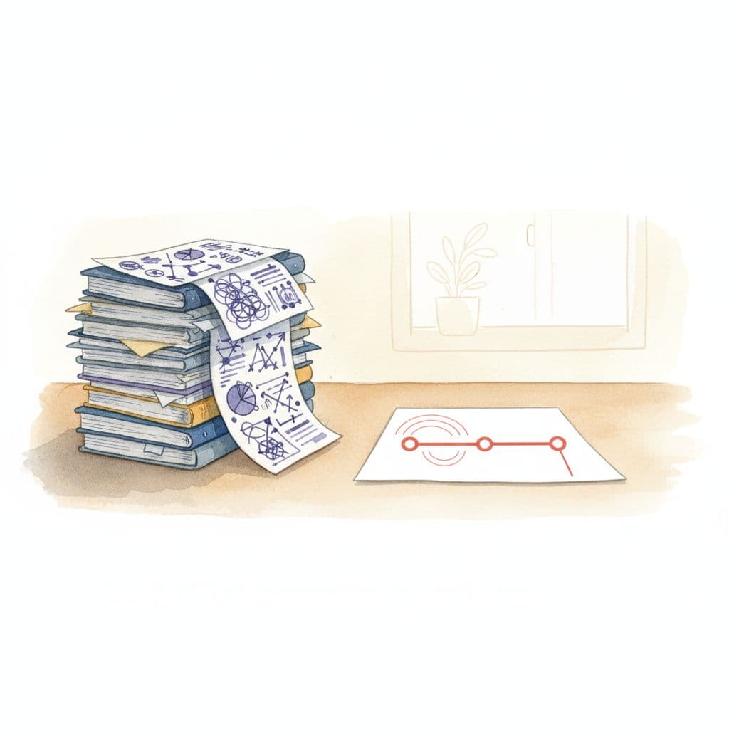 A watercolor desk scene contrasts a messy stack of complex reports with a single clear roadmap document.