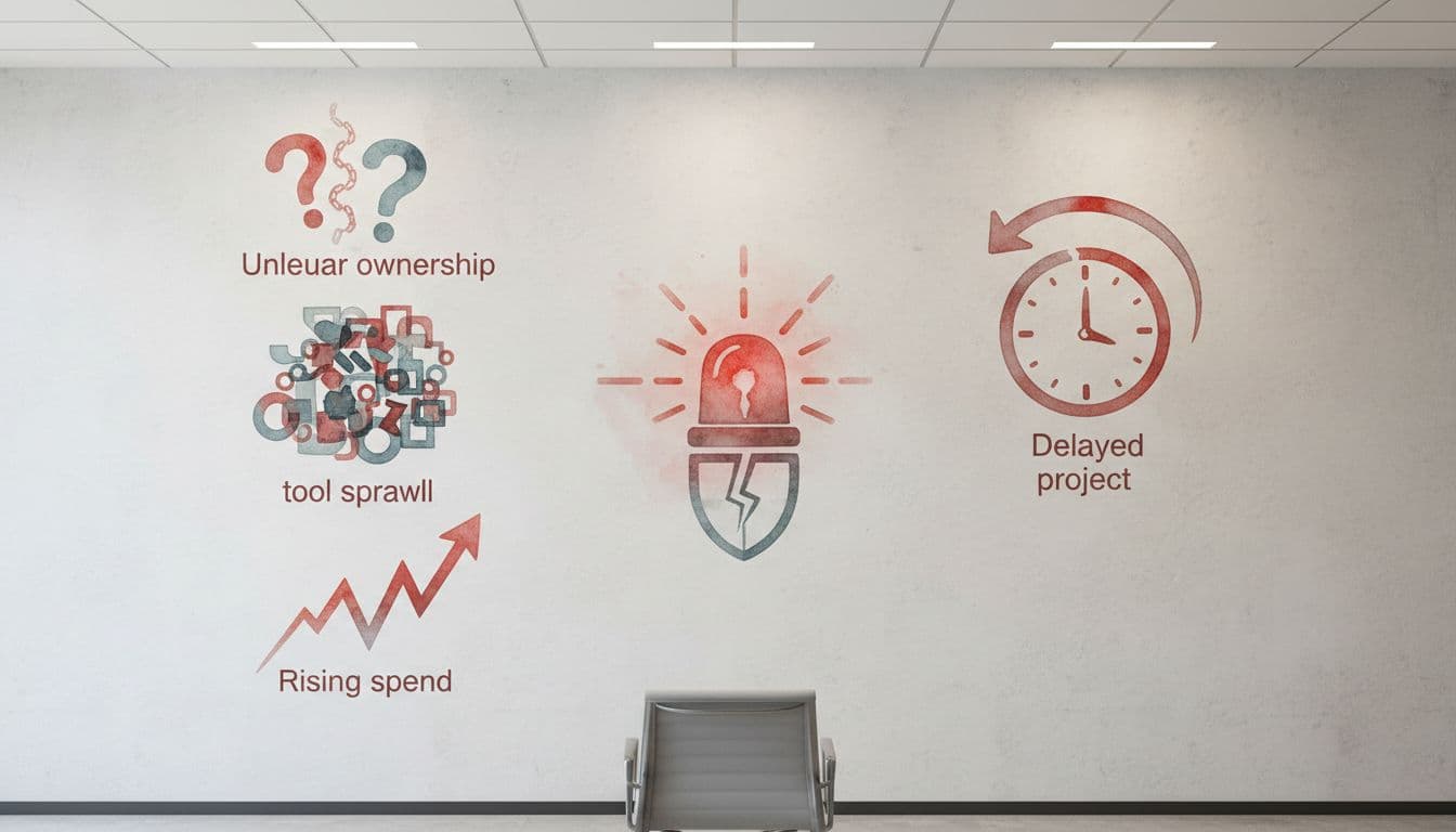 Watercolor dashboard on conference room wall displays icons for unclear ownership question marks, tool sprawl overlaps, rising spend graph, delayed clock, and red cyber alert.