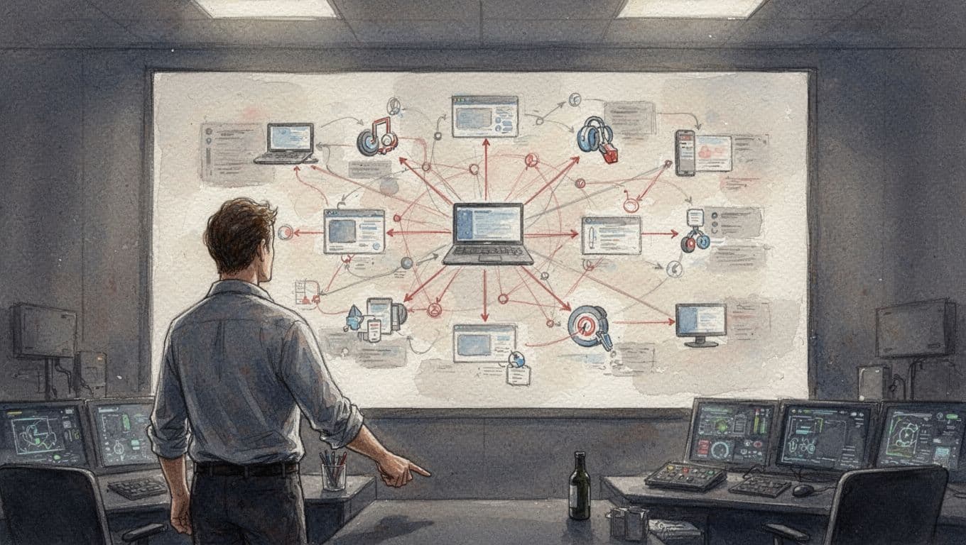 Dim control room with glowing screen showing abstract interconnected systems diagram; relaxed analyst points with one hand.