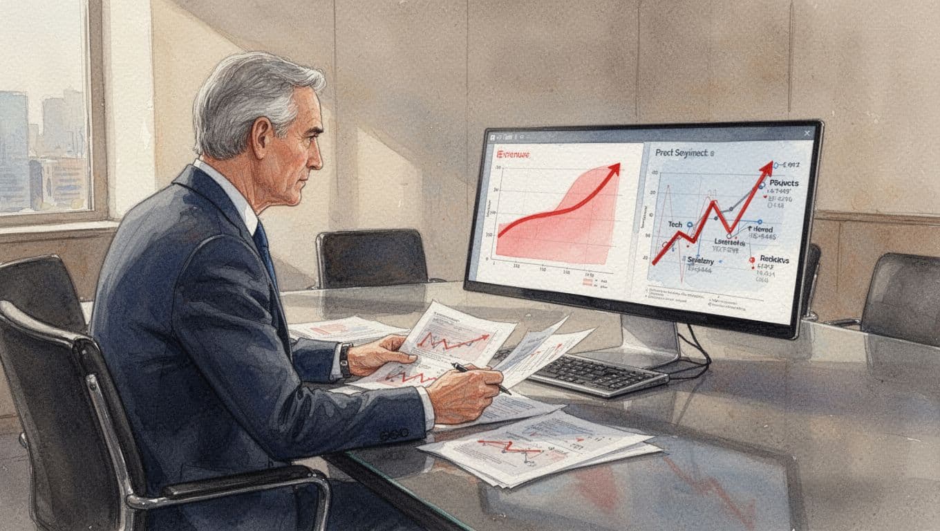 COO at conference table reviews documents and laptop screen with smooth revenue growth graph beside erratic tech project timelines, in watercolor style.