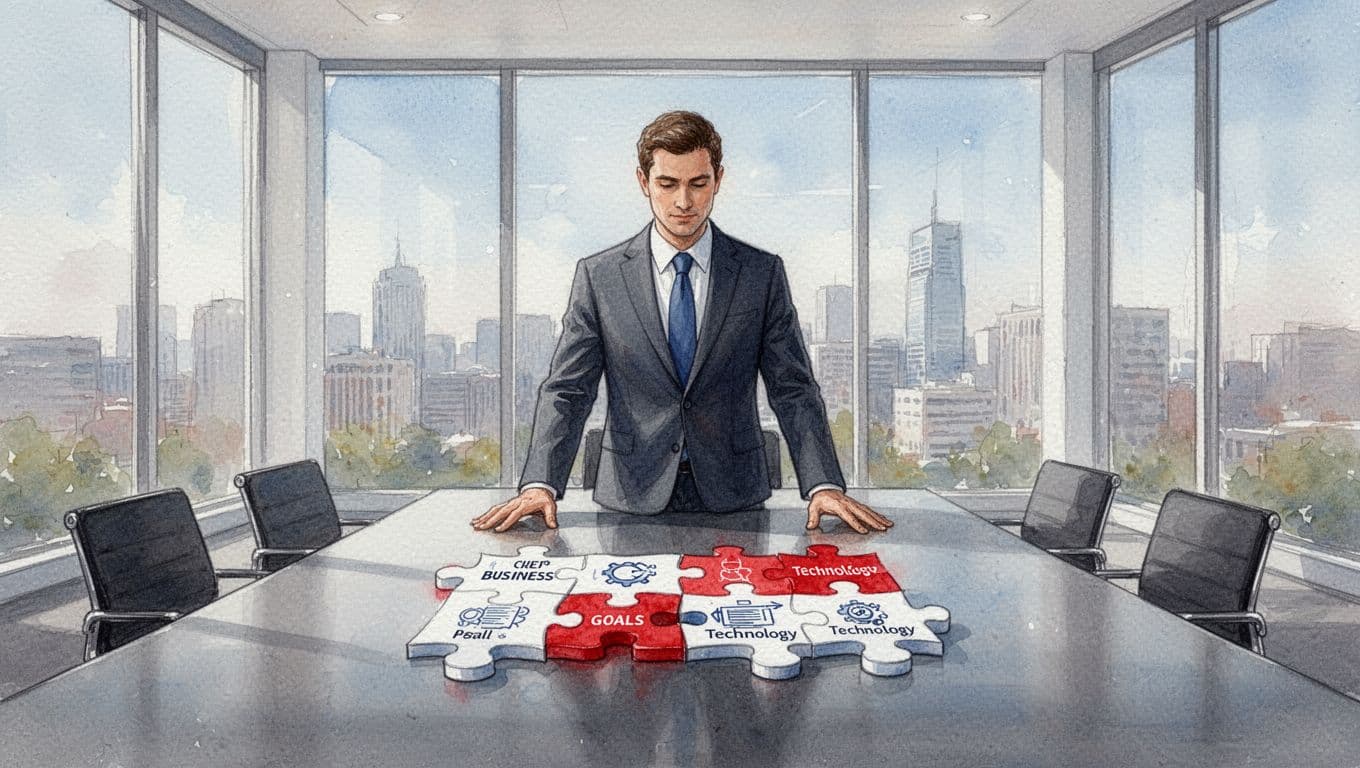 Confident COO in modern boardroom stands with hands on table holding misaligned puzzle pieces edged in red, watercolor style.