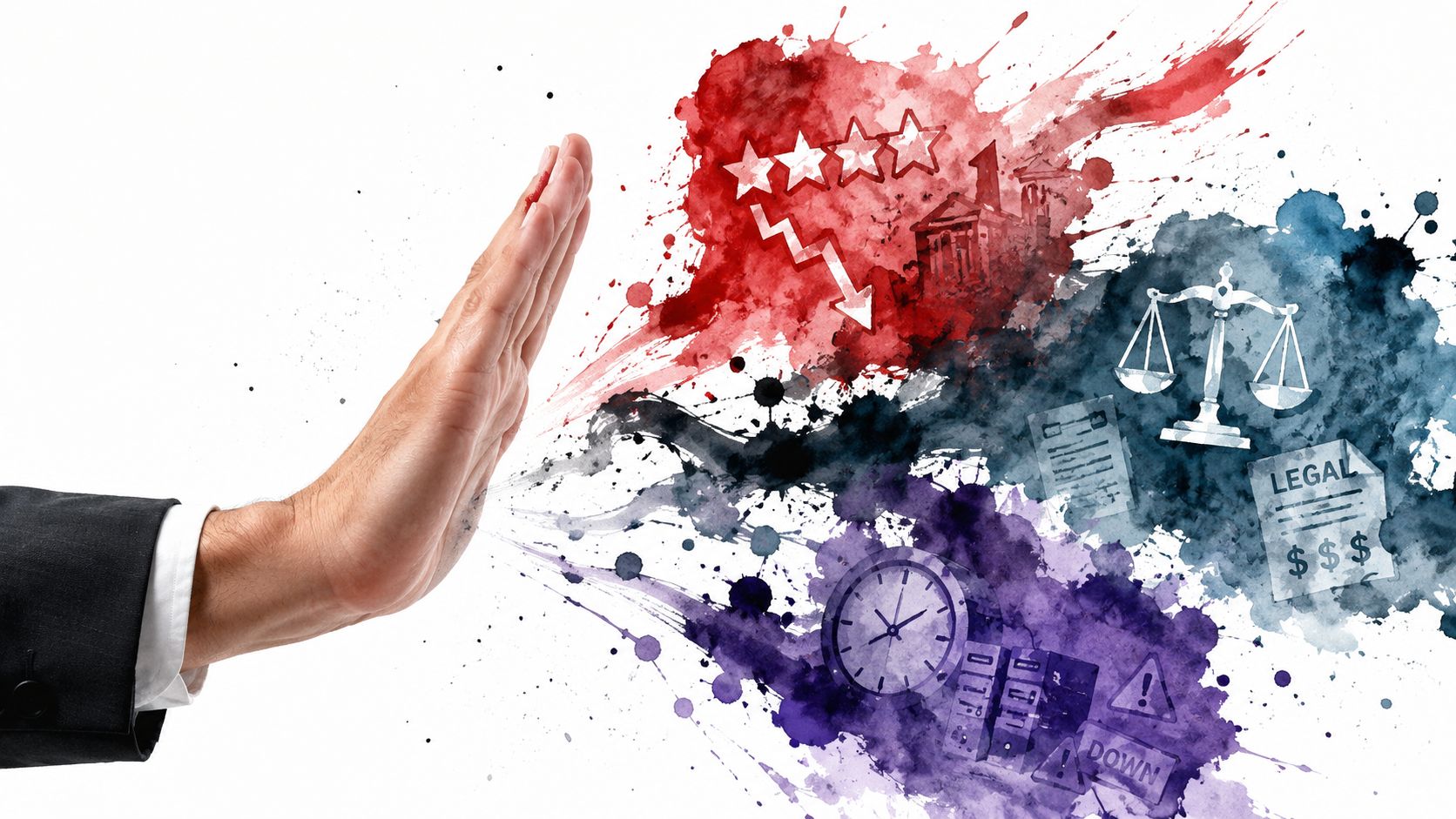 A businessman's hand blocking a splash of digital icons representing financial loss, legal issues, and poor ratings.