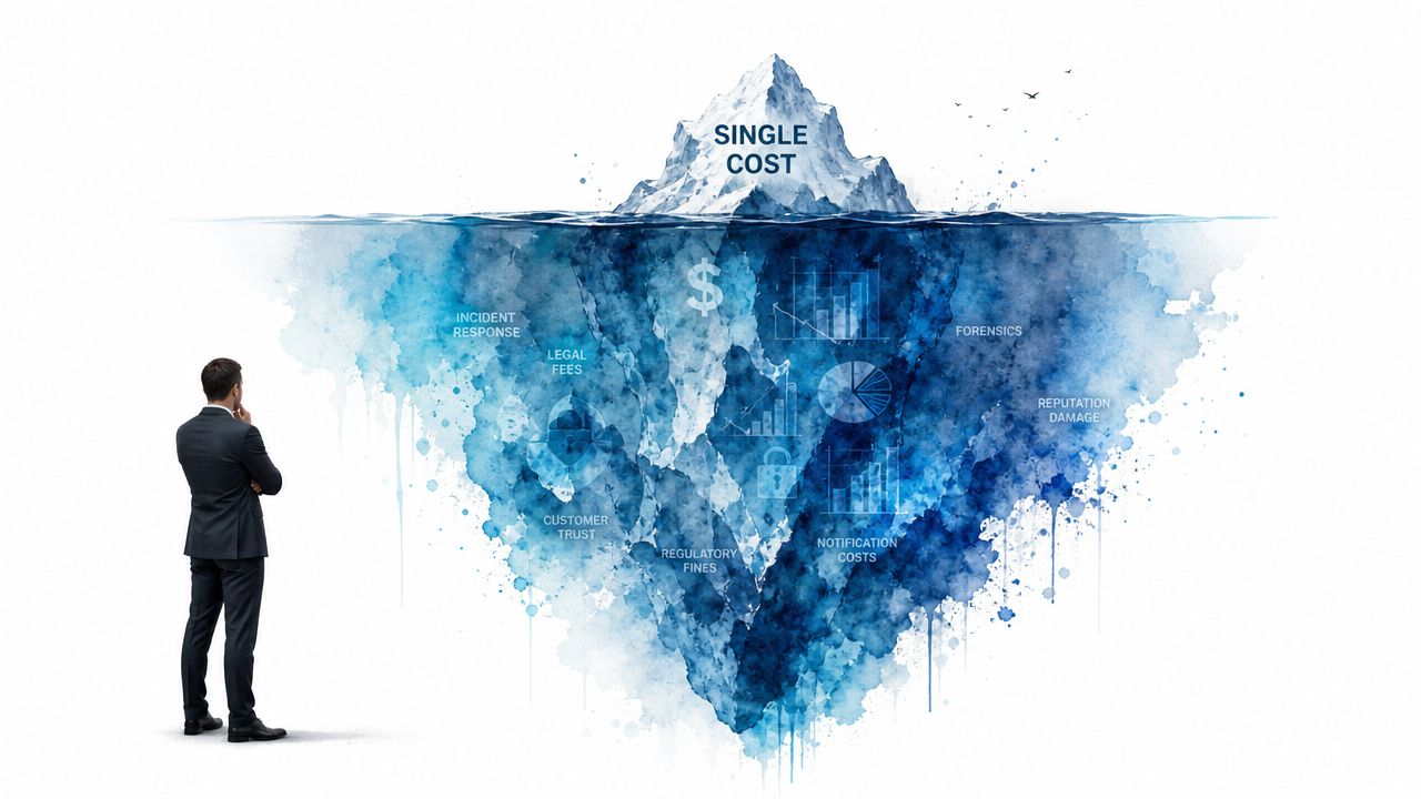 A businessman standing before an iceberg illustration depicting hidden costs of a corporate data breach incident.