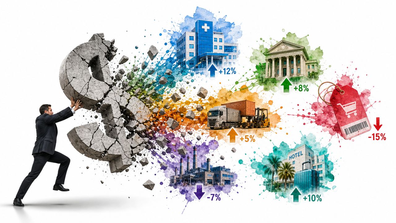 A businessman pushing a crumbling dollar sign symbol with various industry icons and percentage changes displayed around.