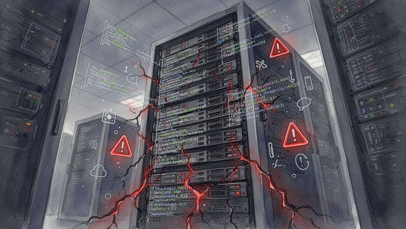 Watercolor stack of cracking servers emits warning signs for cyber risk, technical debt, and tool sprawl in dark data center.