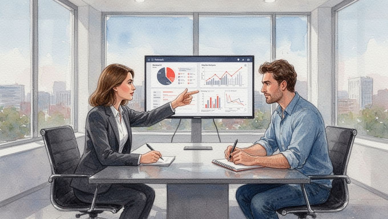Three executives at a conference table review documents and a shared screen in watercolor style.