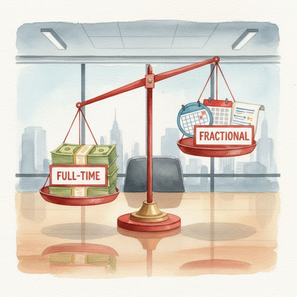 Watercolor balance scale on executive desk weighs full-time CTO badge and salary stack against fractional calendar and roadmap.