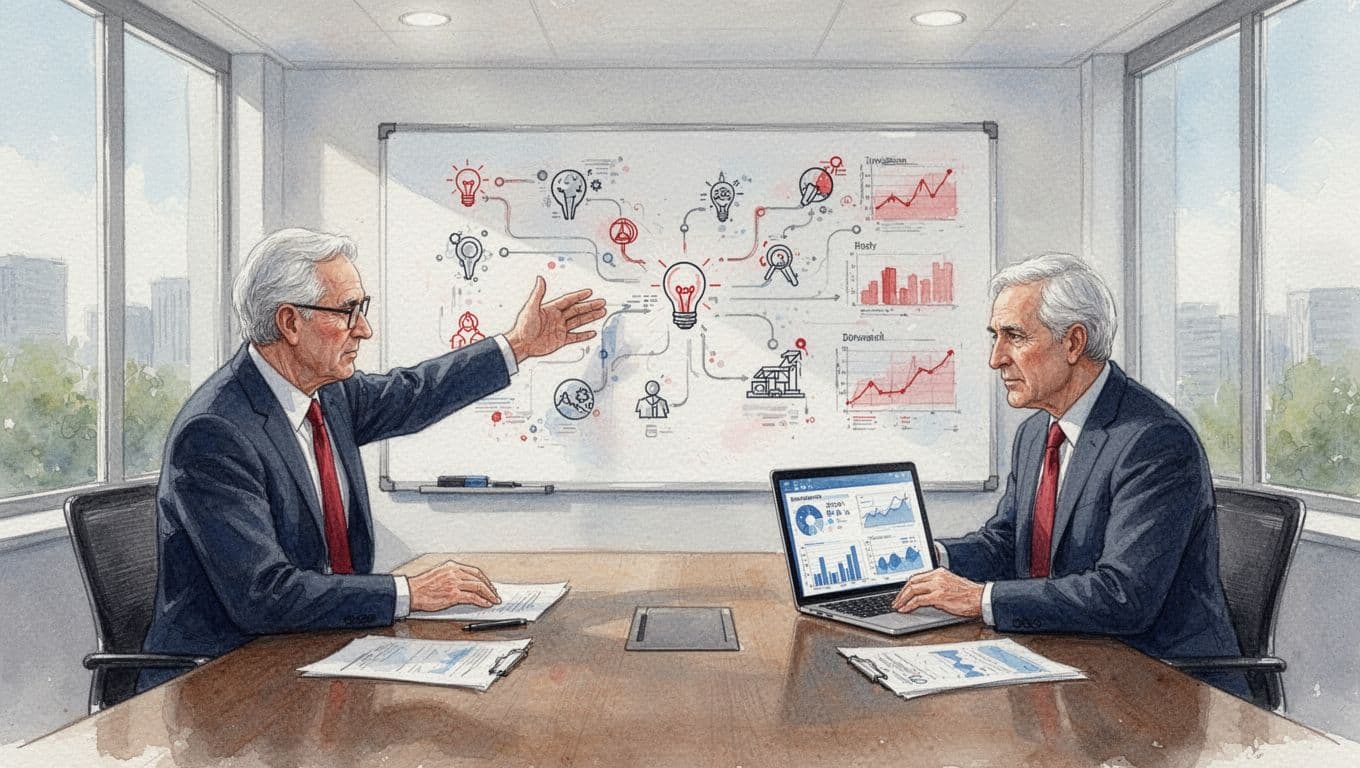 Watercolor of CTO pointing to roadmap on whiteboard and CIO reviewing dashboards on laptop.