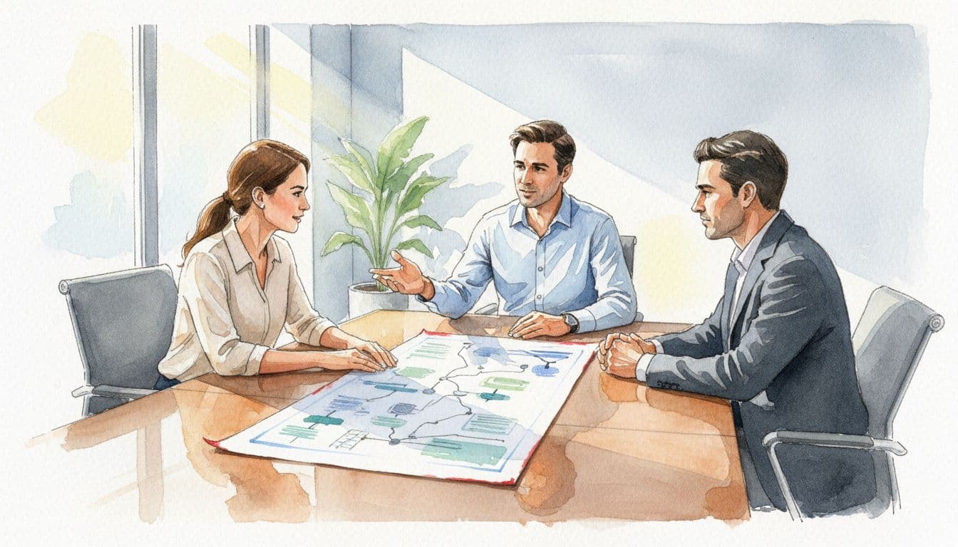 Three executives—two men, one woman—seated around wooden table with printed roadmap sheets in calm discussion, watercolor style.