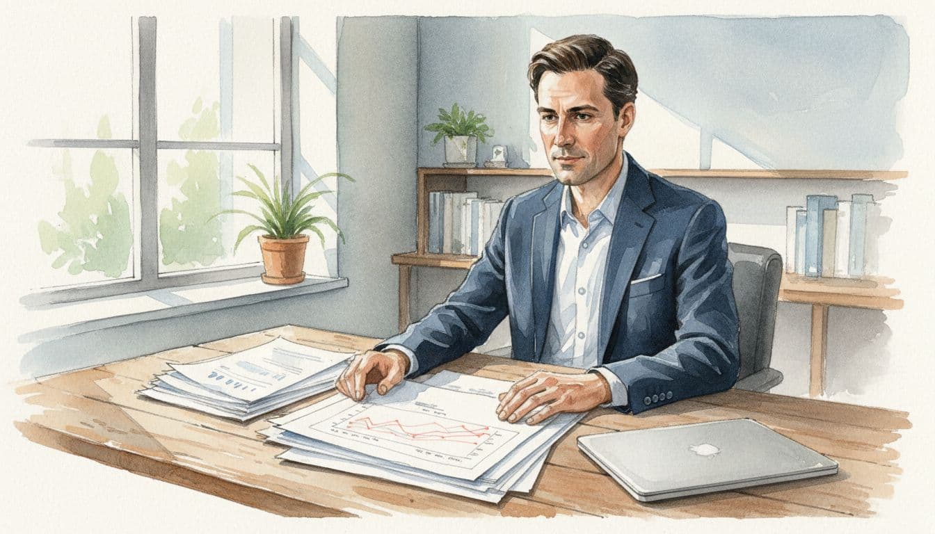 Executive at wooden desk examines stacked charts and diagrams with hands on papers in watercolor style.