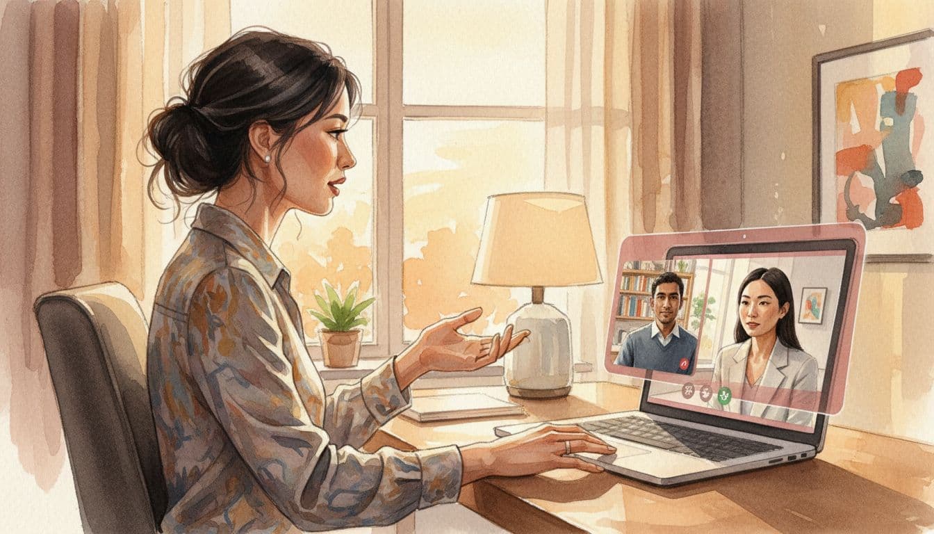 Three diverse tech executives in watercolor video call from home offices, foreground speaker gesturing relaxedly.