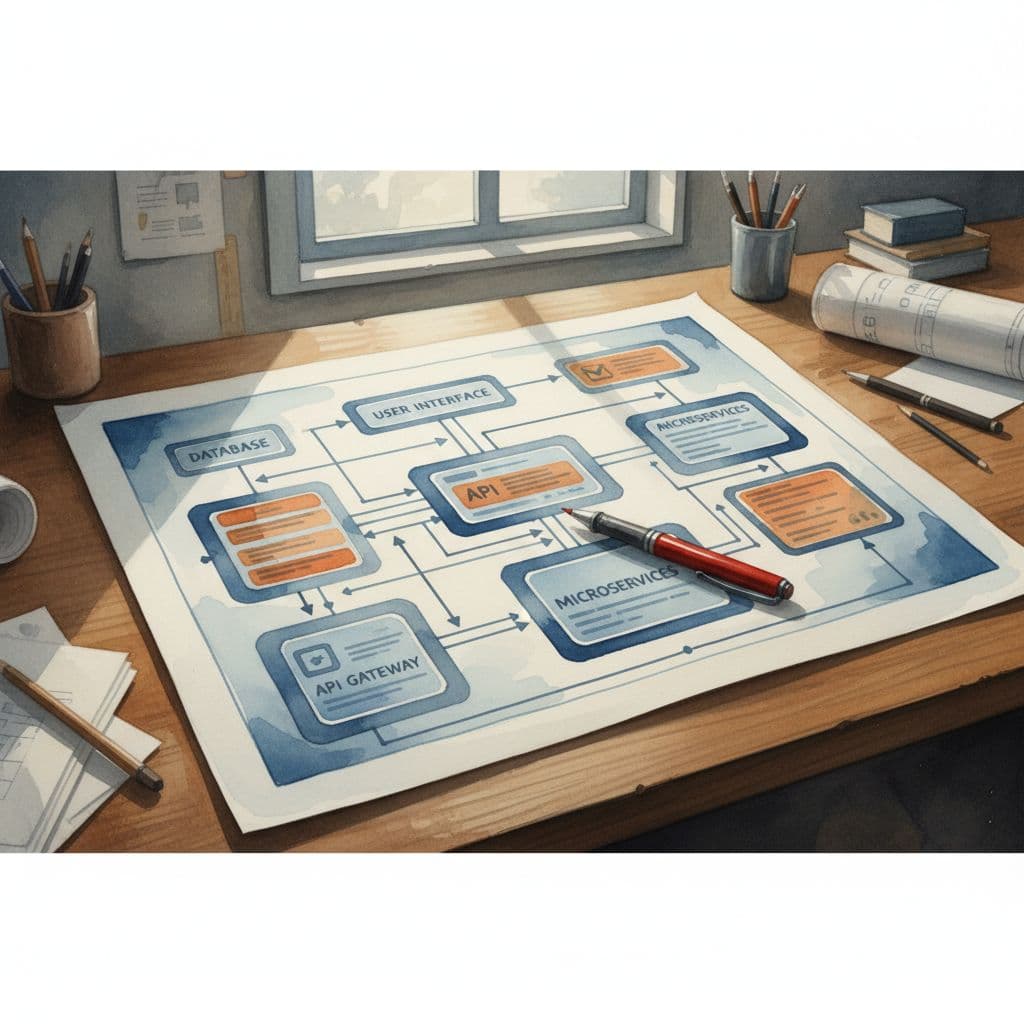 A watercolor painting depicts a simplified software application blueprint on a drafting table with a red pen.