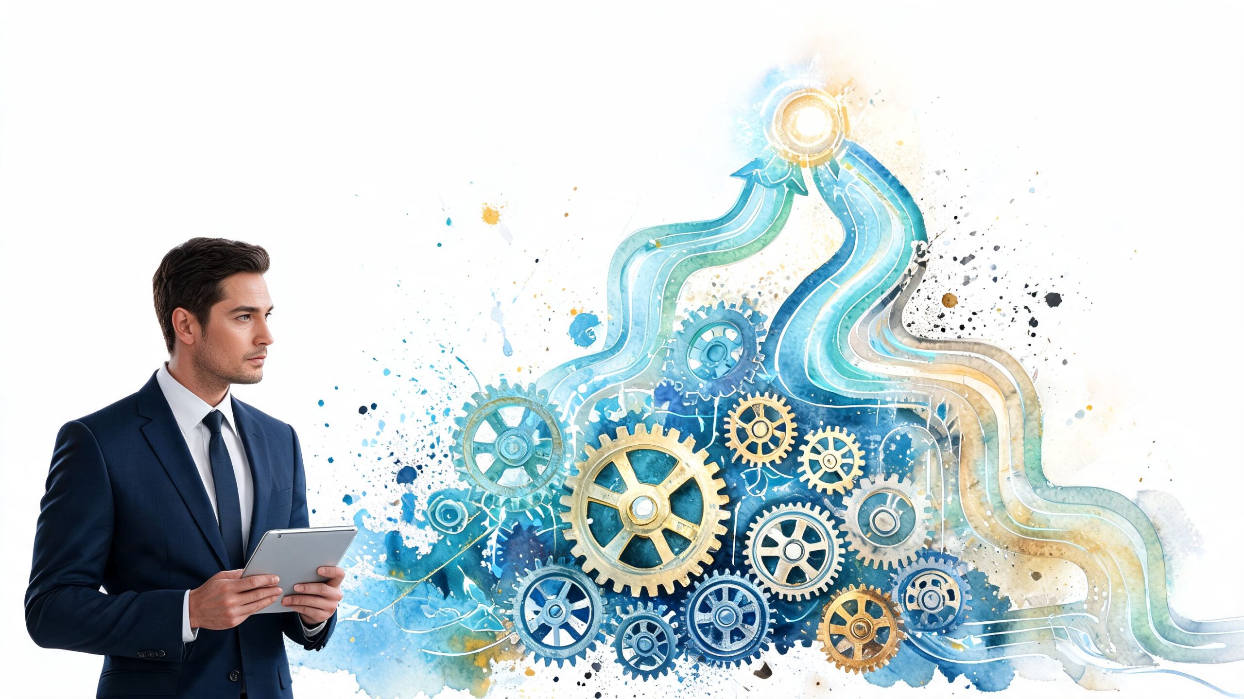 A professional man in a suit holding a tablet, looking at watercolor gears and upward-trending arrows.