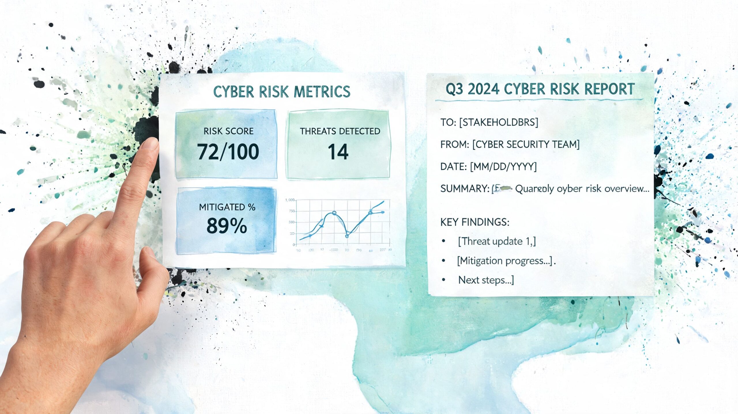 A hand points to a watercolor-style presentation board showing cyber risk metrics and a quarterly risk report.