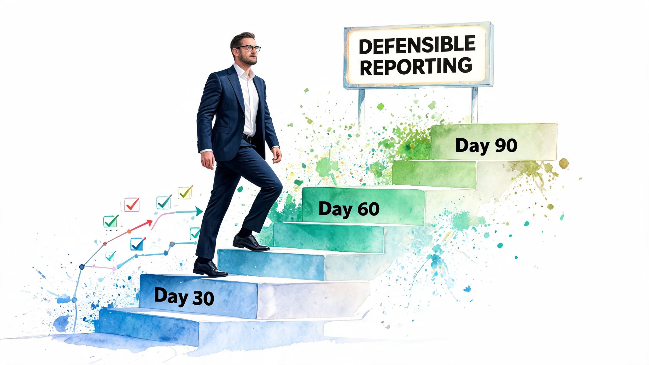 A businessman climbing a staircase toward a Defensible Reporting sign representing a 90-day progress plan.