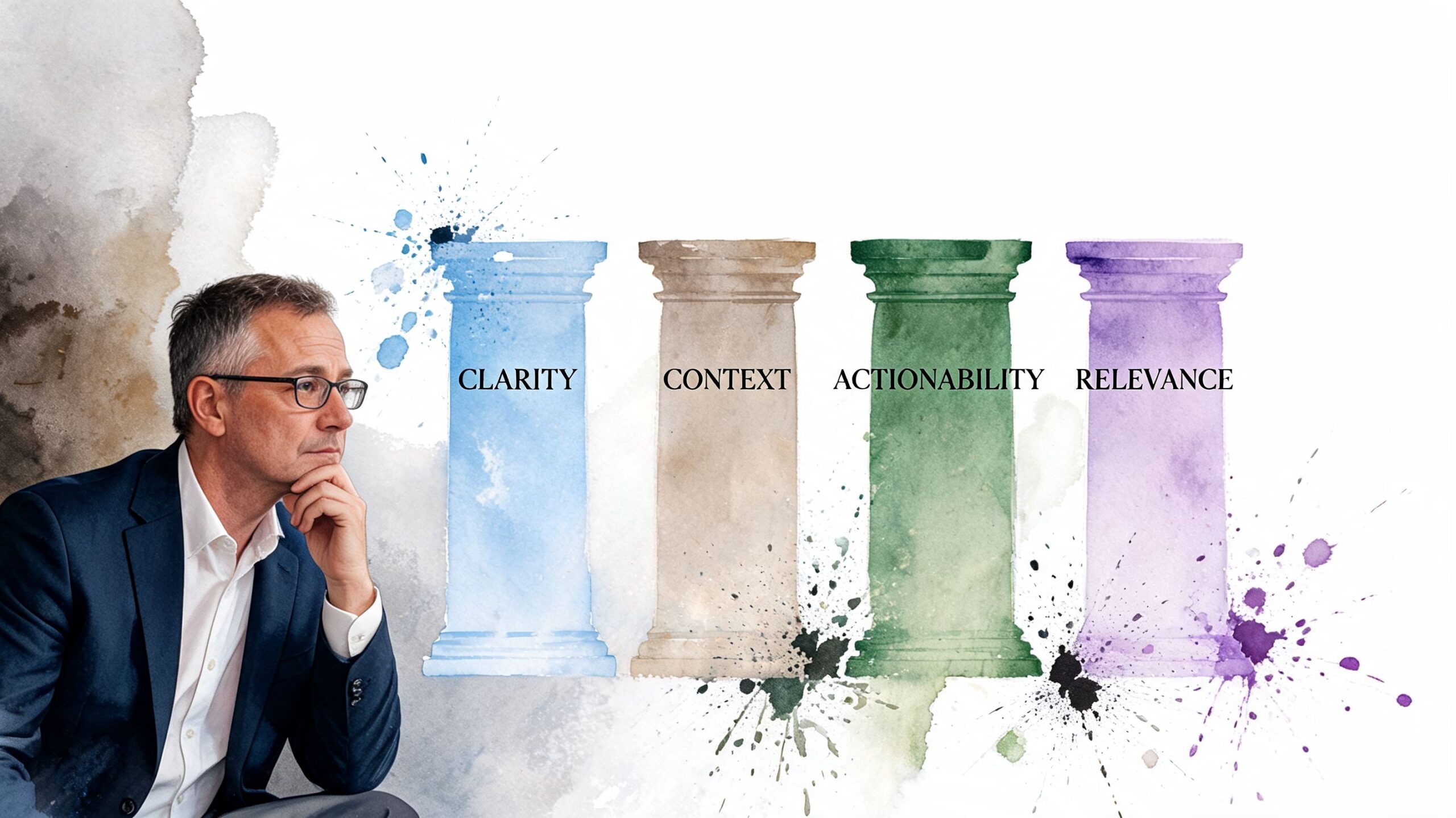 A professional man contemplating four watercolor-style pillars labeled Clarity, Context, Actionability, and Relevance for business strategy.