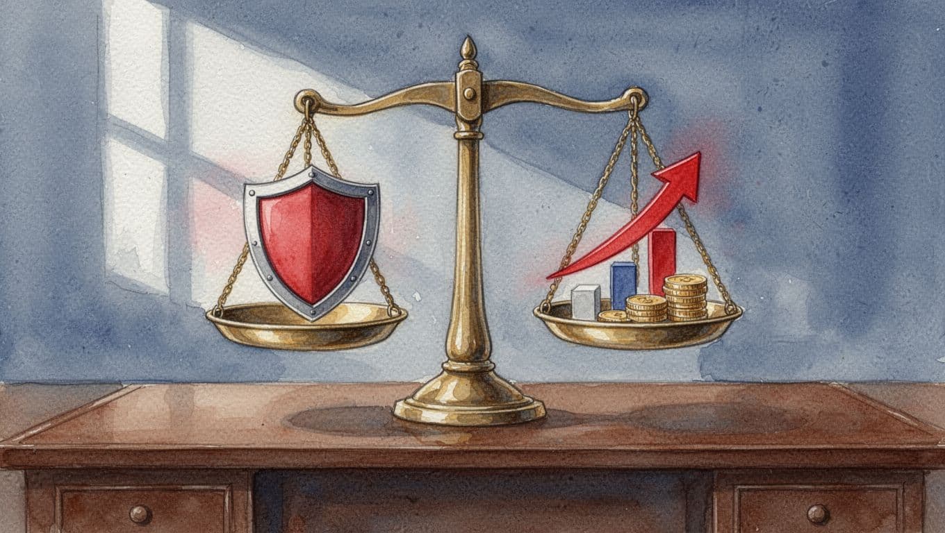 Watercolor scales on desk with shield on one side, coins and upward arrow on the other.
