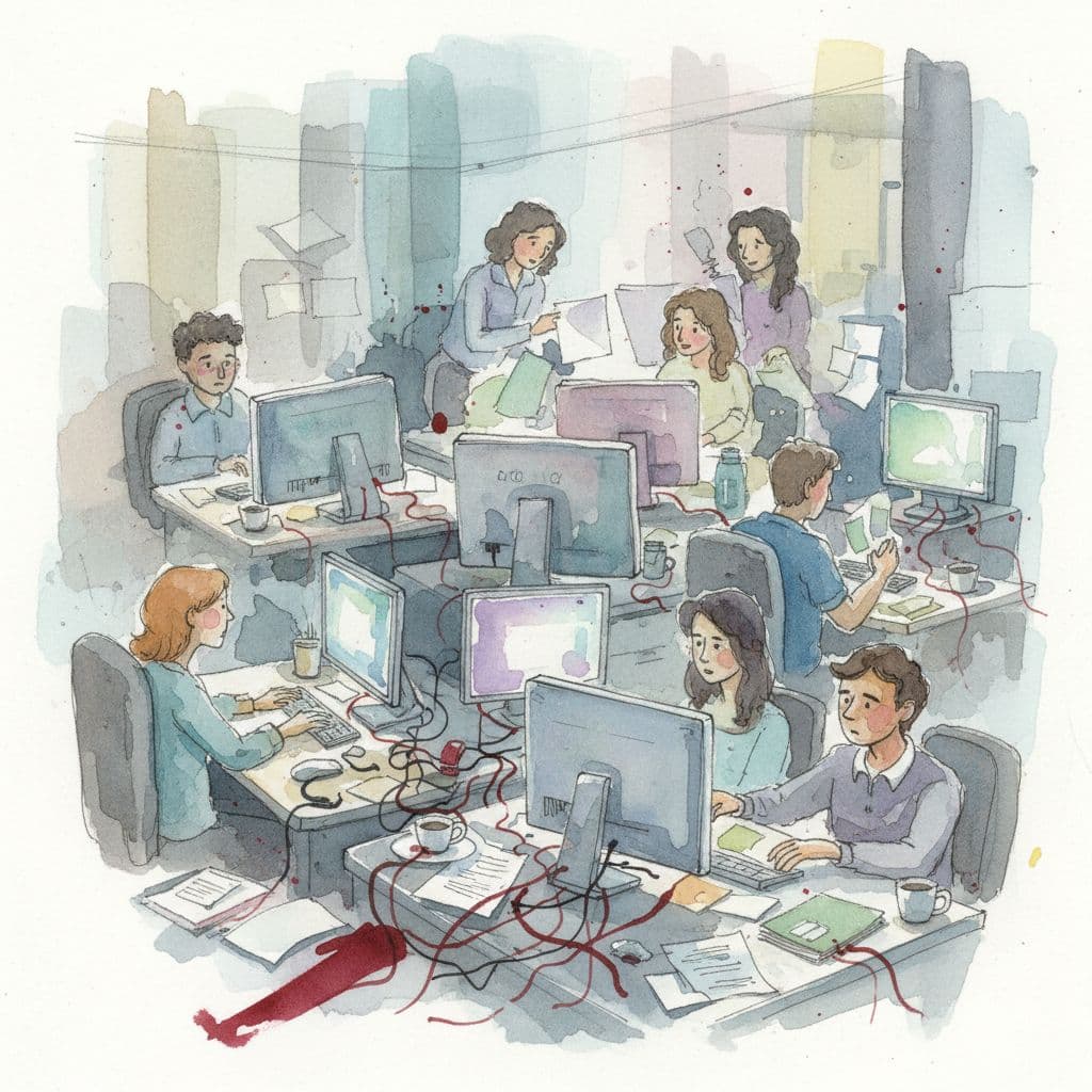 People sit at desks with misaligned computer screens in a soft, watercolor office scene with red accents.