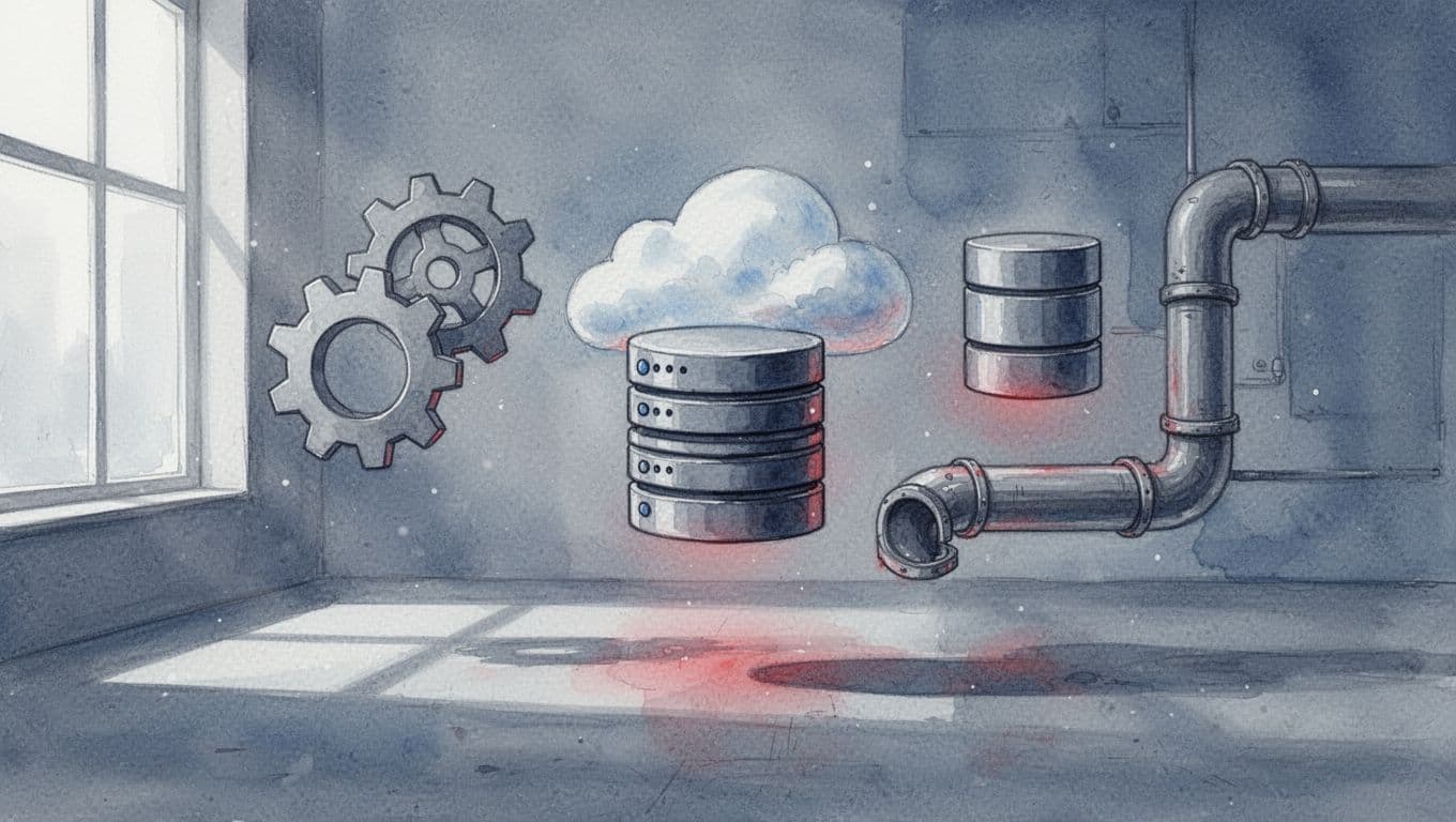 Floating unconnected icons of gears, cloud servers, databases, and pipelines in chaotic watercolor workspace with muted blues, grays, and red accents.