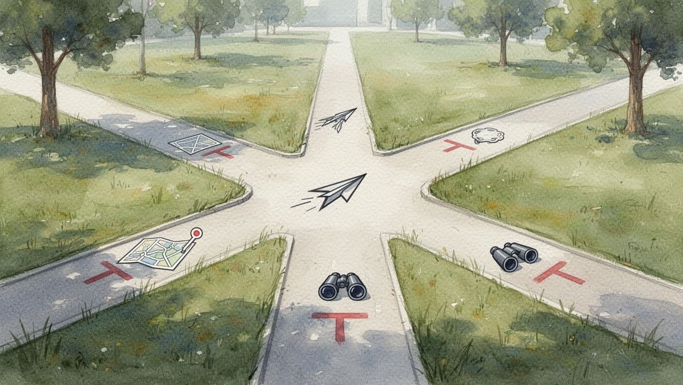 Three paths diverge from central crossroads in minimalist park, marked by strategy map, speed arrows, and binoculars icons in watercolor style.
