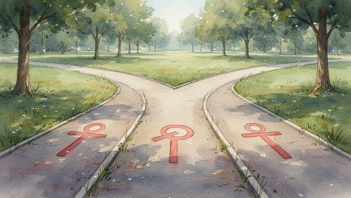Three paths branch in a calm park, each with a distinct icon marker accented in red.