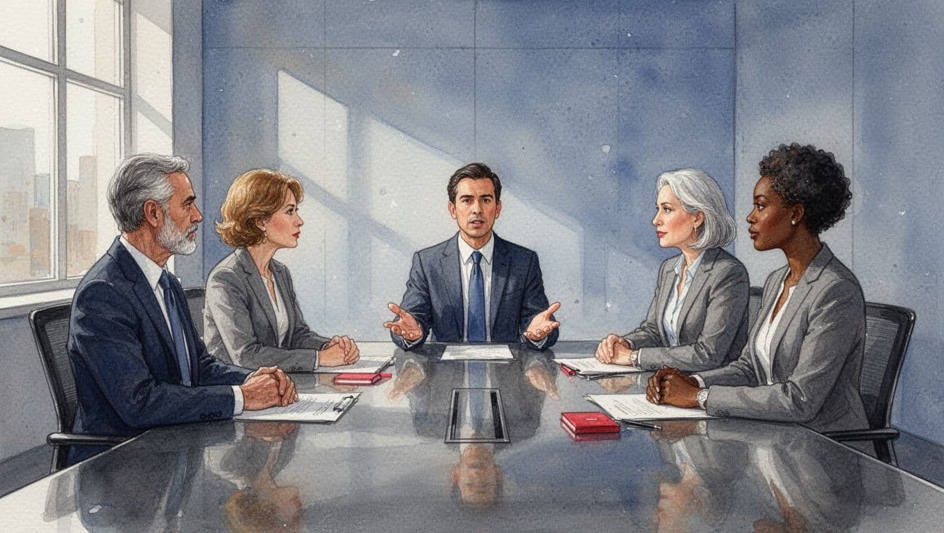 Four diverse professionals sit around a conference table; leader gestures calmly with open hands while others listen attentively, watercolor style.