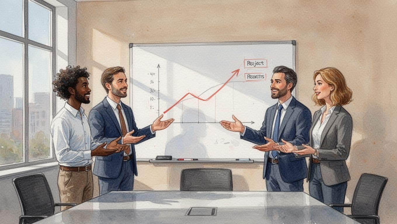 Three diverse professionals discuss priorities around a whiteboard with simple red-accented charts in a conference room.