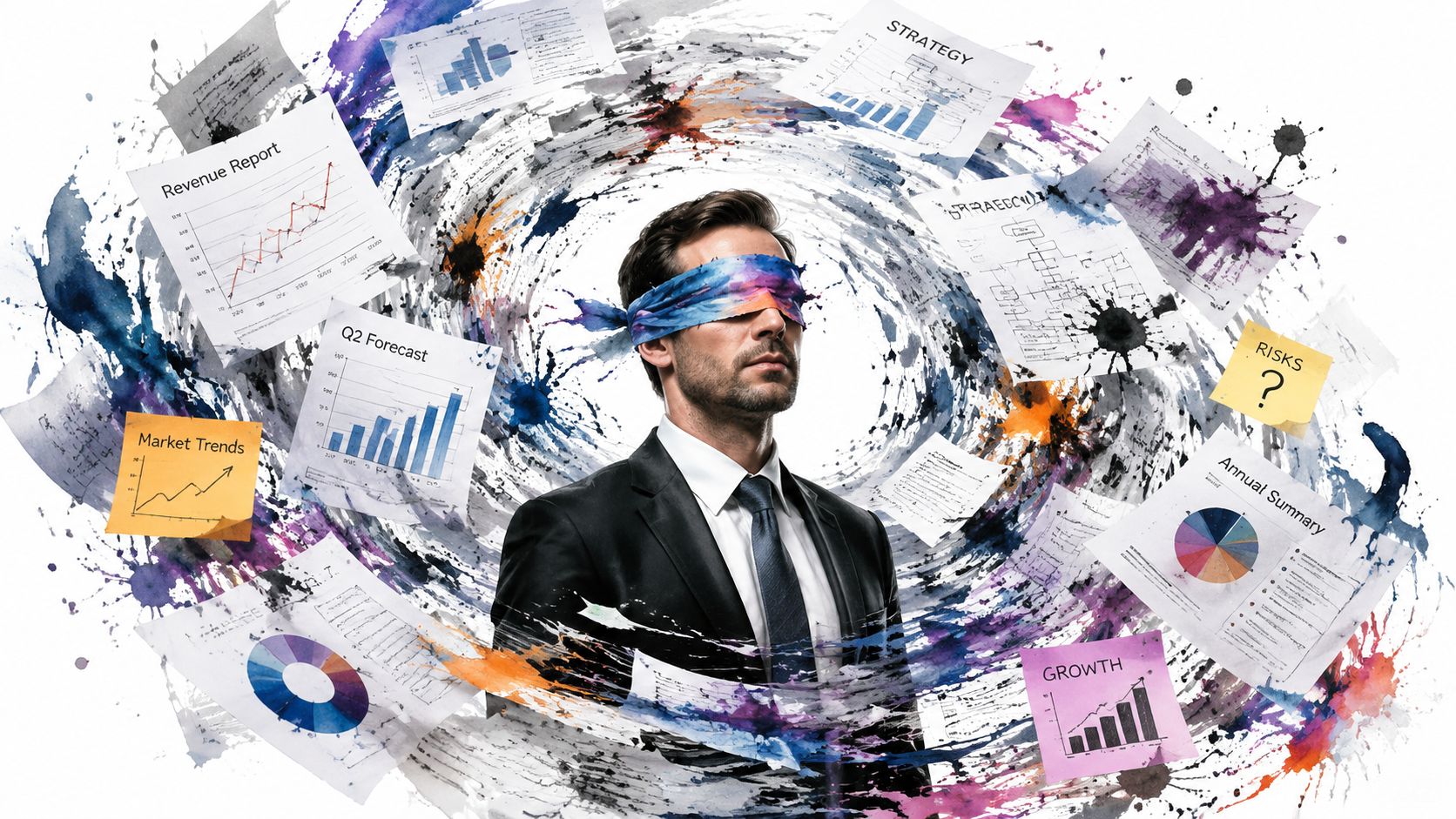 A blindfolded businessman in a suit surrounded by swirling business charts, graphs, and financial documents.