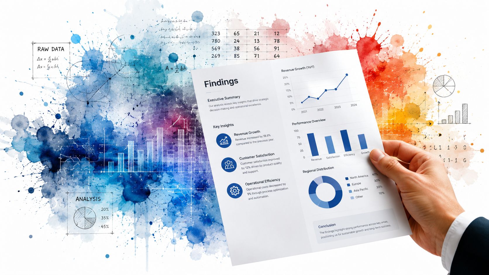 A hand holding a business report showcasing performance charts and graphs against a colorful artistic background.