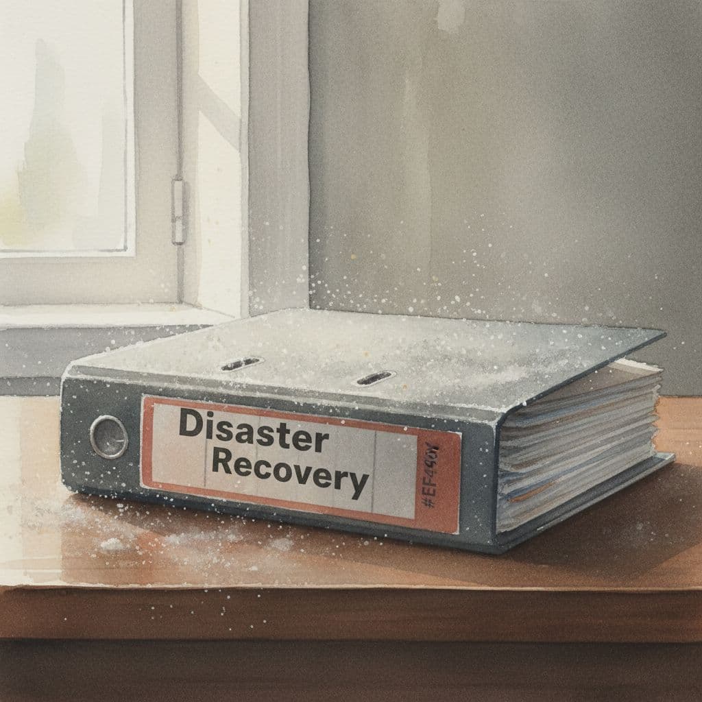 Thick dusty unopened binder labeled Disaster Recovery on dark wooden desk in watercolor style.