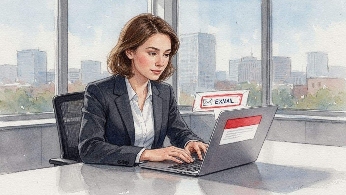 Watercolor illustration of business professional at desk thoughtfully inspecting suspicious phishing email on laptop in modern office.