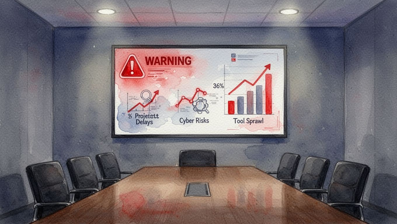 Watercolor of empty conference table in dim boardroom with background dashboard showing red alerts for costs, delays, cyber risks, and tool sprawl.