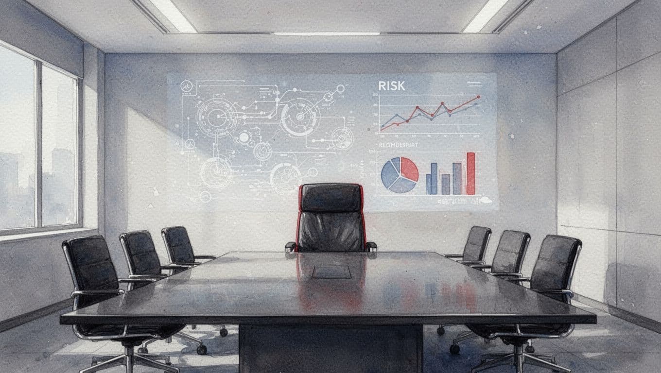 Empty executive chair at head of conference table in modern boardroom with faint tech diagrams and risk charts on wall, watercolor style with red accents.