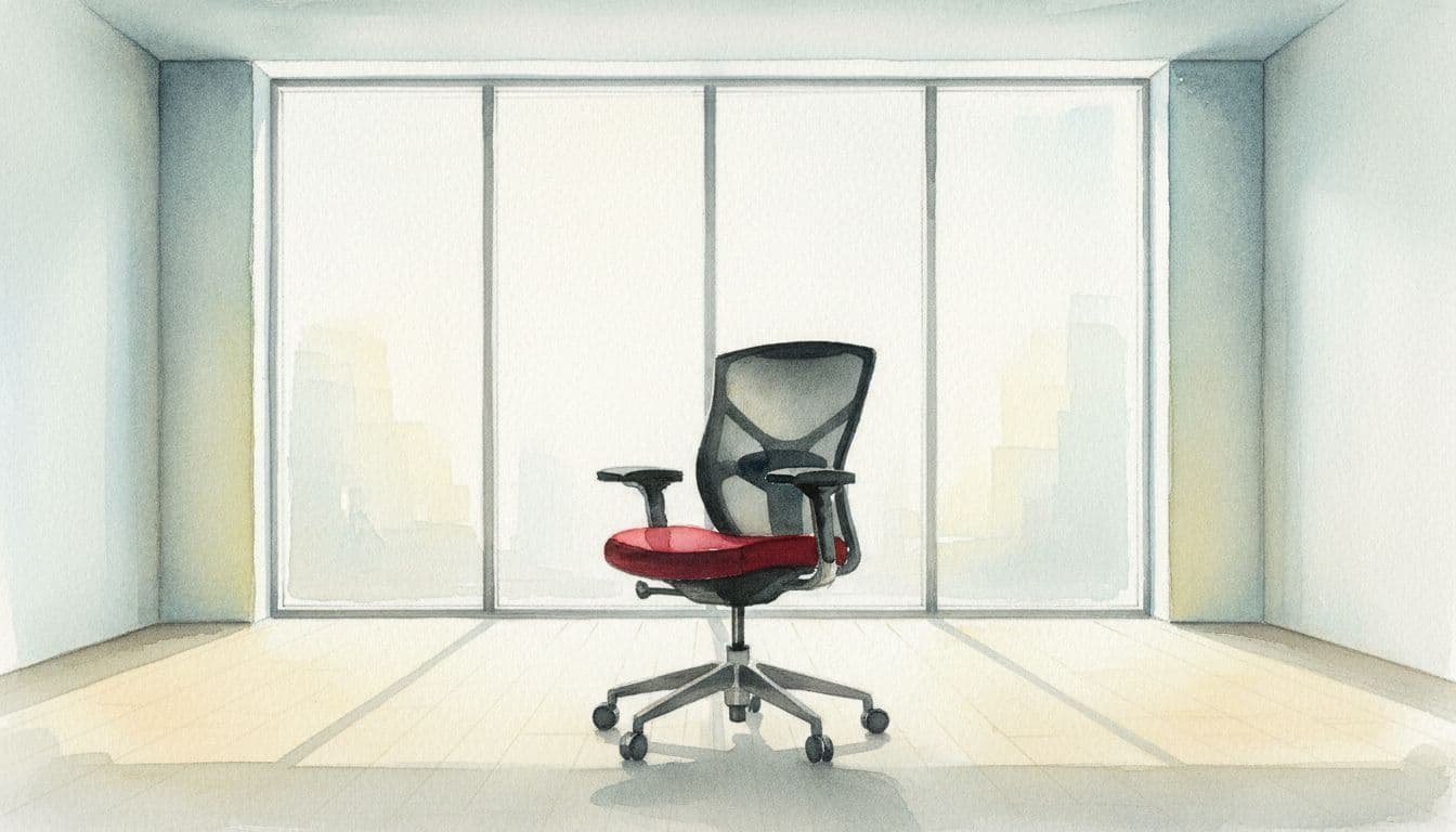 A watercolor painting depicts a single chair with a red cushion sitting in a bright, sunlit office.
