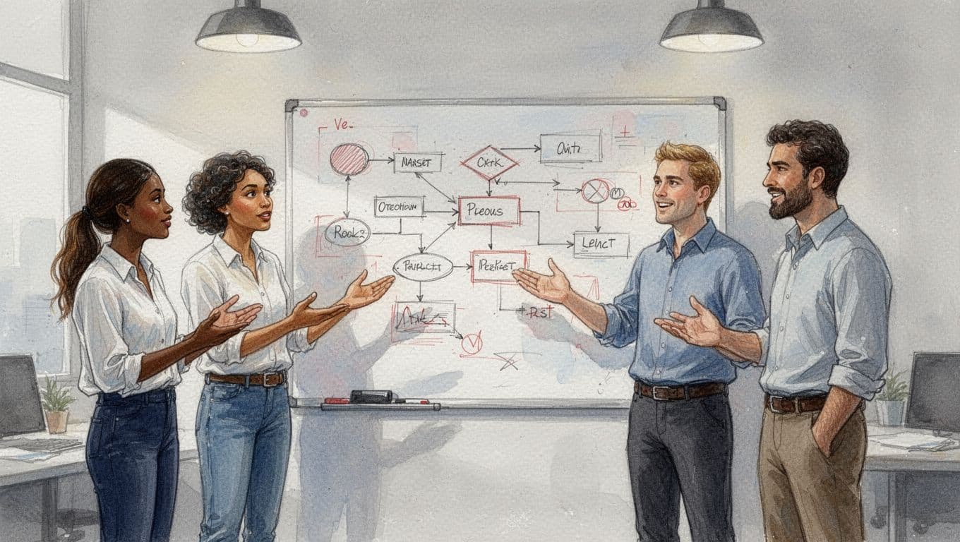Five diverse engineers collaborate around a whiteboard with code sketches and red-accented flowcharts in watercolor style.