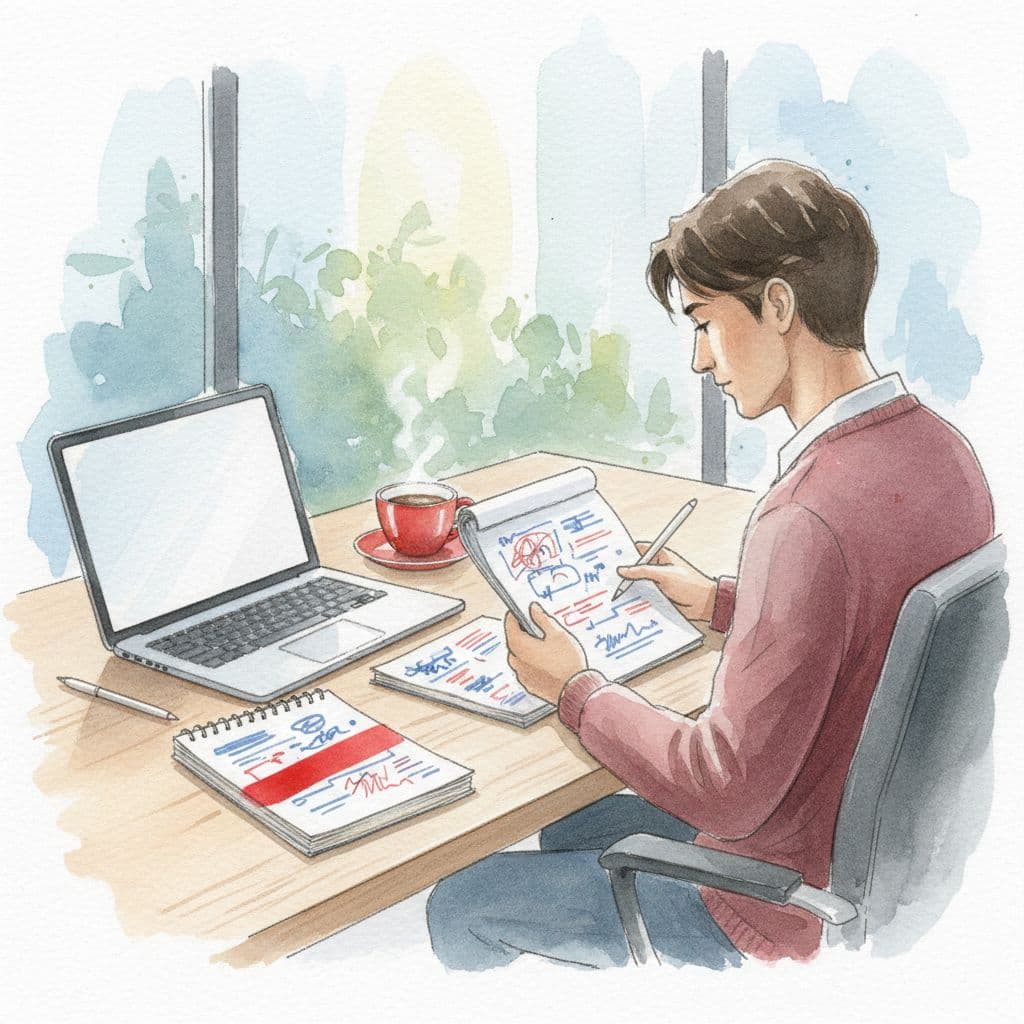 A focused professional sits at a clean wooden desk reviewing handwritten notes on a notepad. A laptop and pen rest nearby, captured in a soft watercolor style with a bold red accent.