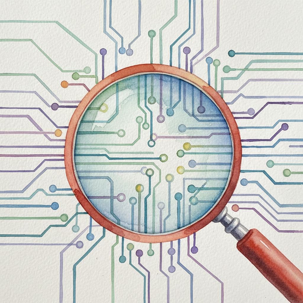 A watercolor magnifying glass focuses on an abstract, interconnected circuit pattern with warm red accents.