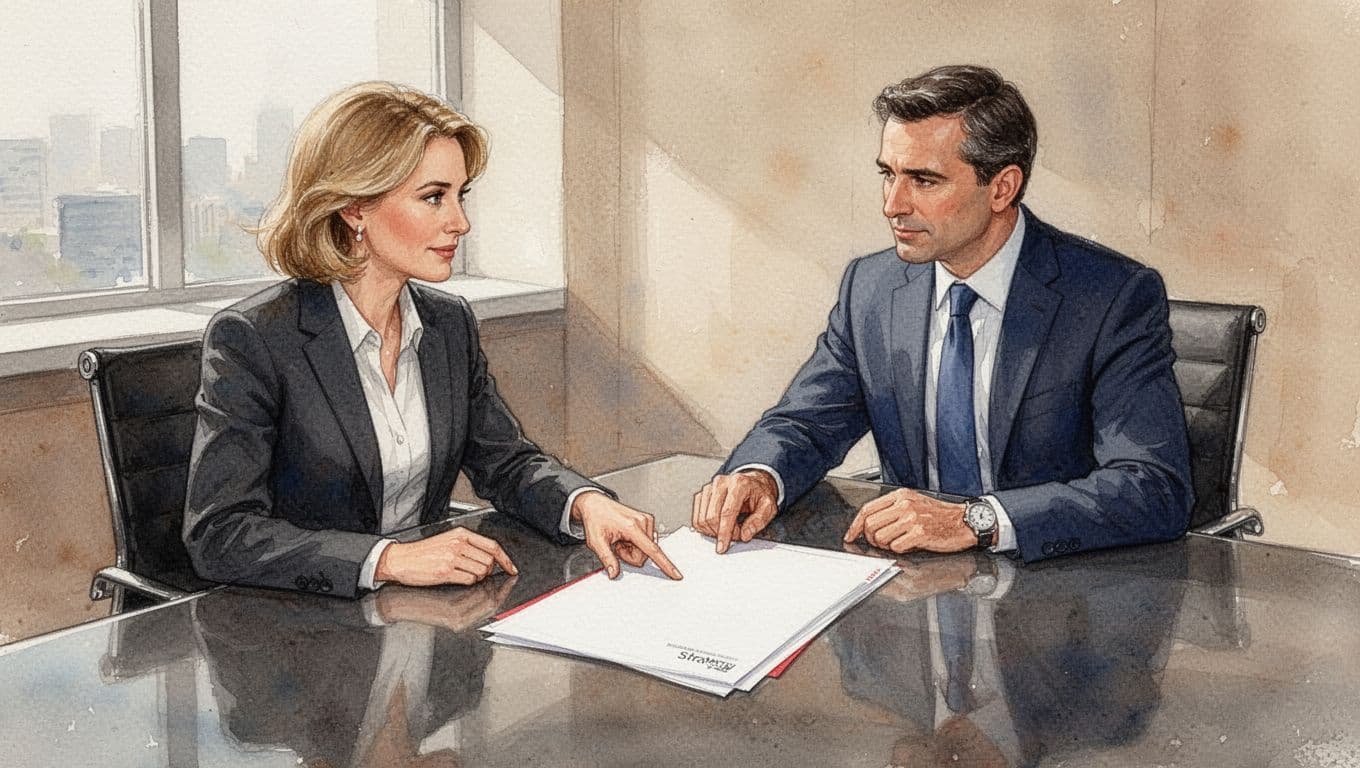 Watercolor depiction of executive advisor pointing to one-page tech strategy document on desk with CEO in soft-lit office.
