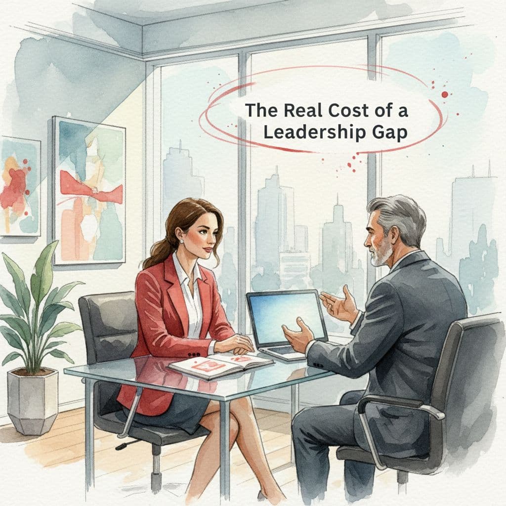 Executive at desk with laptop and notebook talks to advisor in bright modern office, watercolor style with red accents.