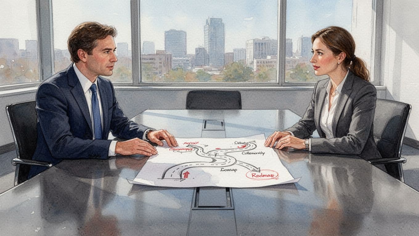 Two professionals at conference table examine simple sketched technology roadmap on paper in watercolor style.