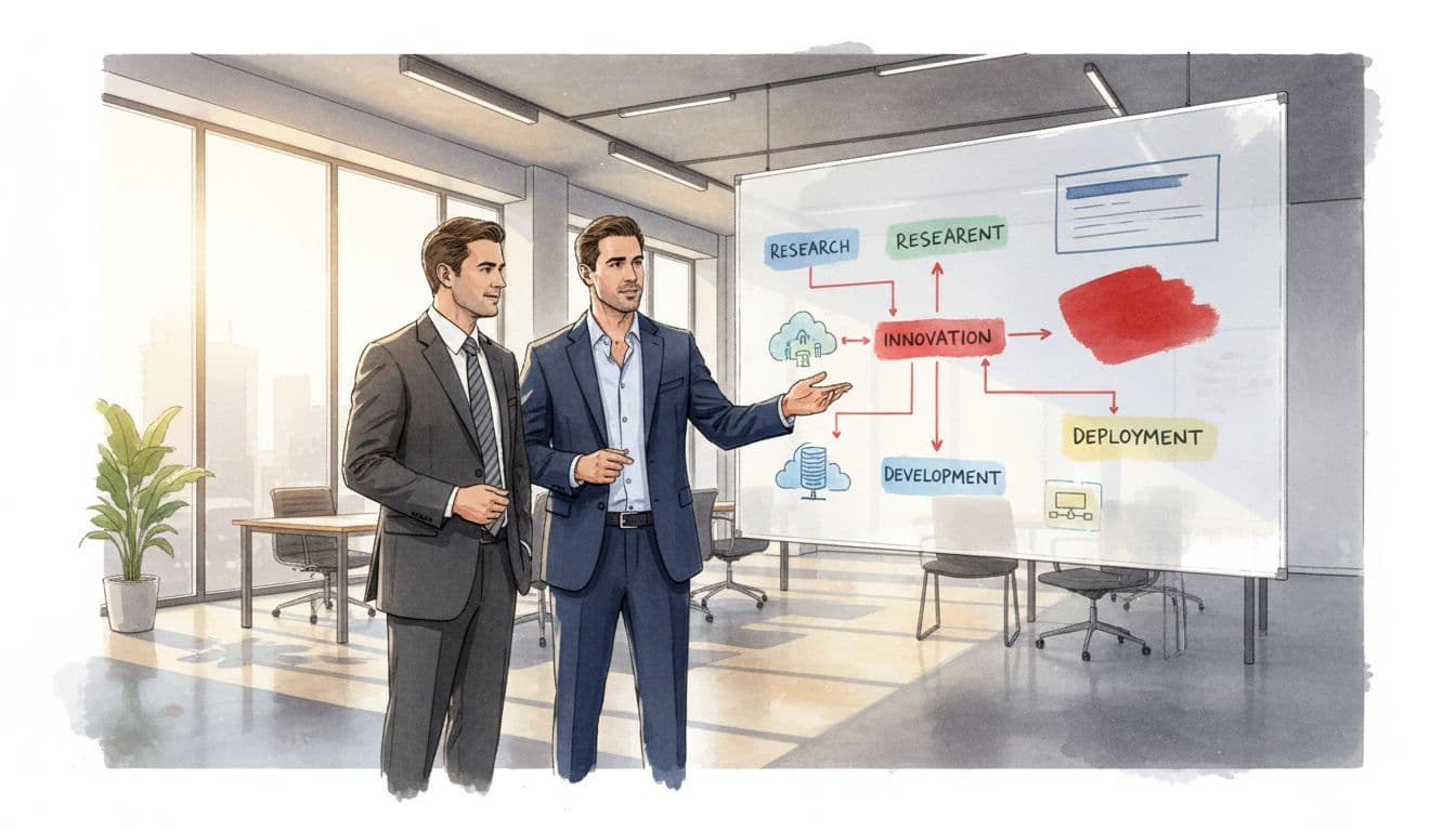 An advisor and a CEO review a hand-drawn technology roadmap on a whiteboard in a bright office.