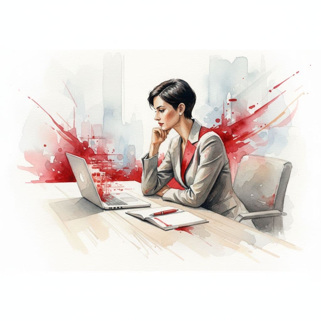 An executive sits at a minimalist desk with a single laptop and notebook. A vibrant red accent highlights the composition, rendered in soft watercolor with noticeable textured brush strokes throughout.