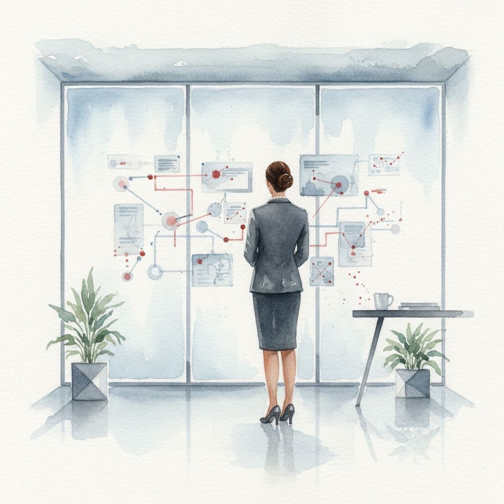 A professional in a modern office studies complex project charts on a wall with red accents.